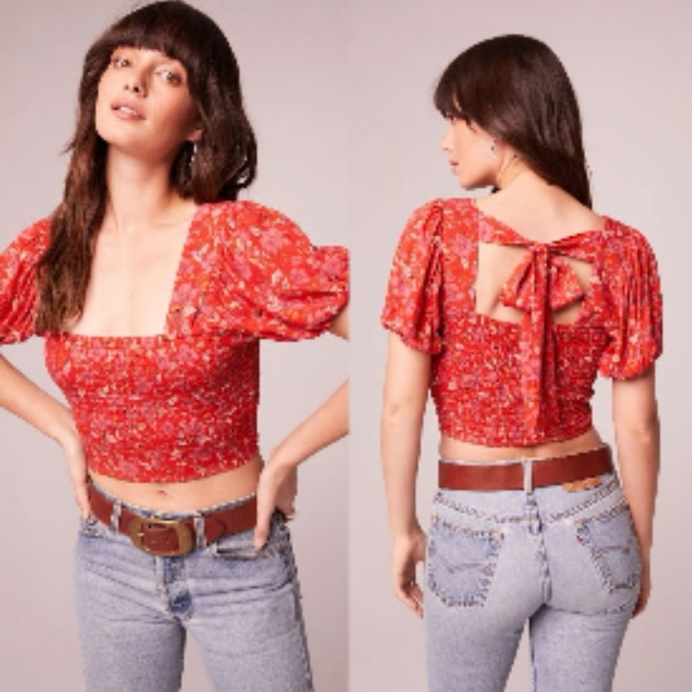 Band of the Free Joelle Crimson Red Pink Floral Square Neck Smocked Crop Top L